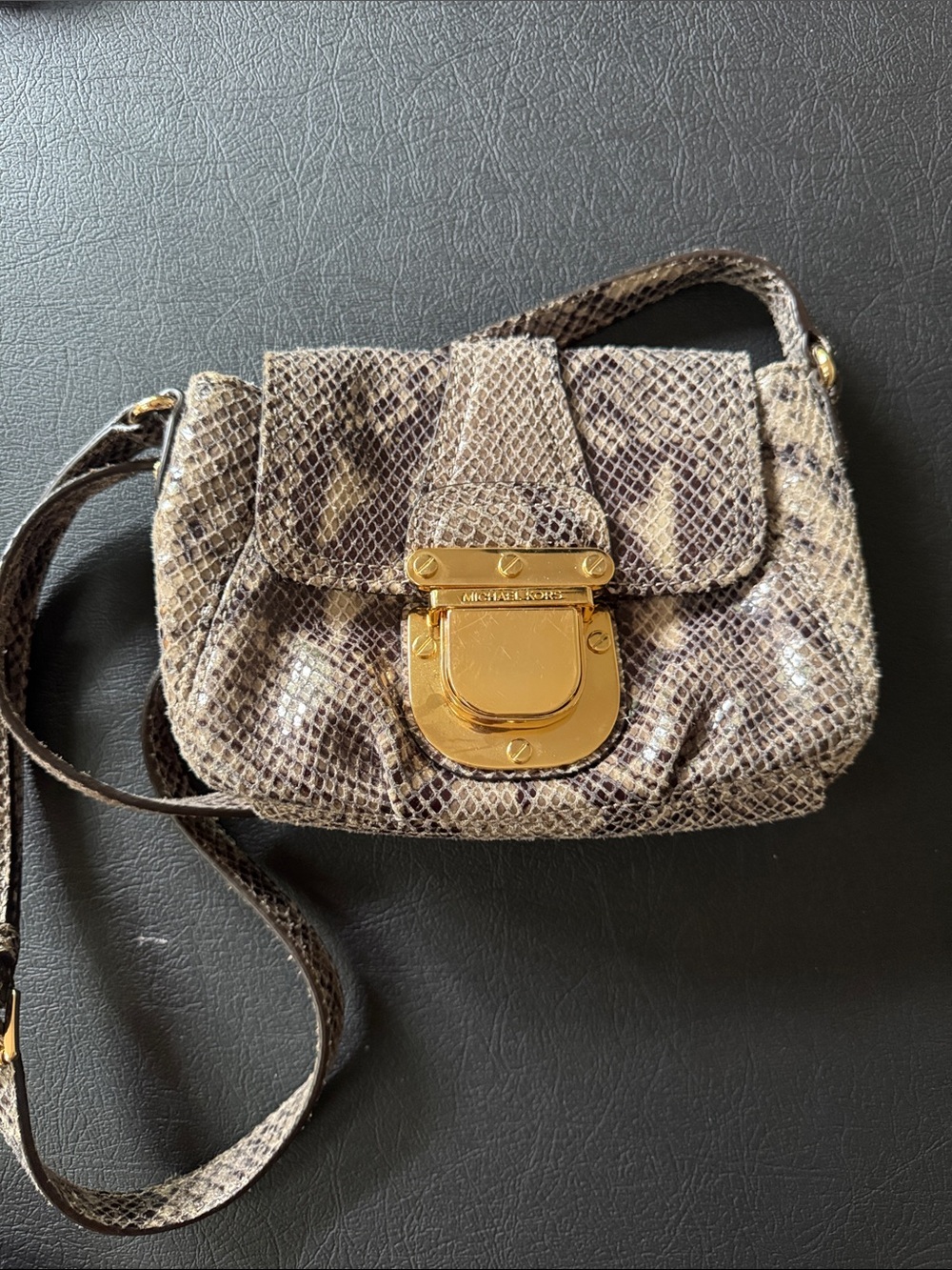Michael Kors Taupe Snake-Print Mini Crossbody